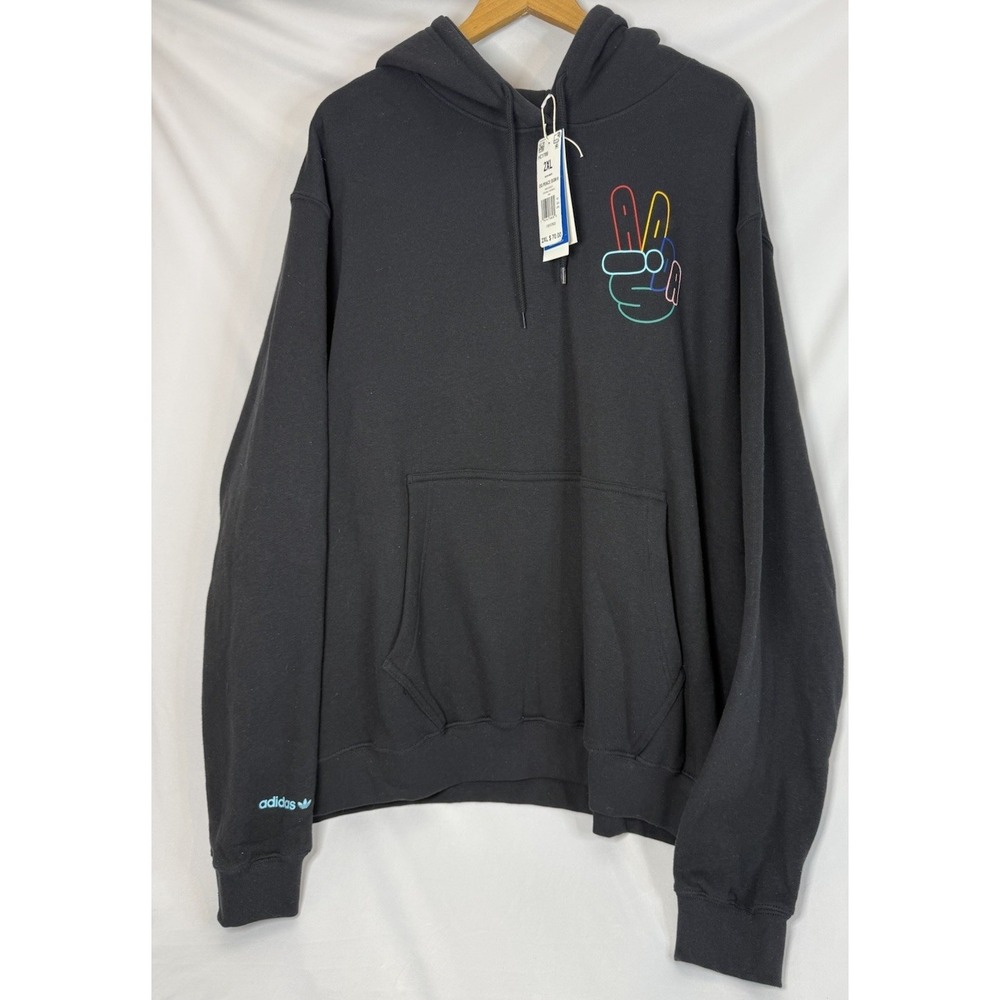 Adidas Mens Black OG Peace Sign Long Sleeve Pockets Hooded Sweatshirt Size 2XL